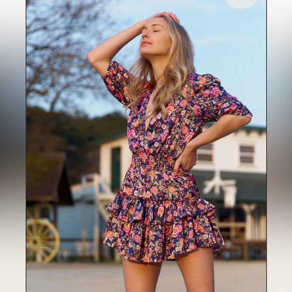 MISA Los Angeles Floral Ruffle Mini Dress Smocked Waist V-Neck Puff‎ Sleeve - Picture 1 of 7